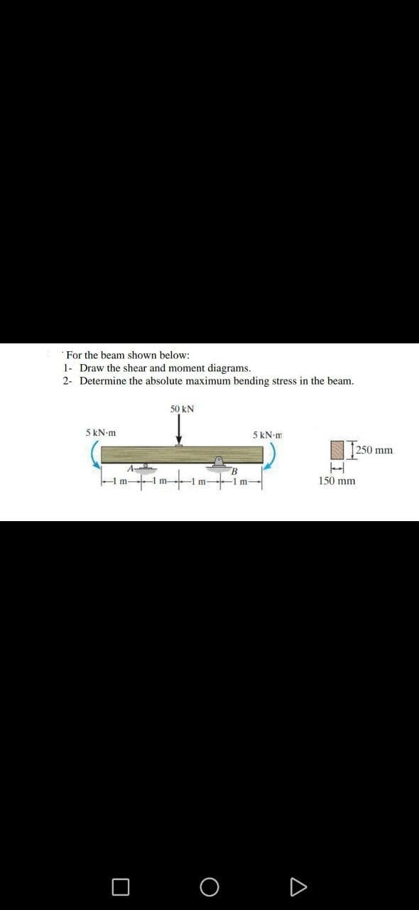 For the beam shown below:
1- Draw the shear and moment diagrams.
2- Determine the absolute maximum bending stress in the beam.
50 kN
5 kN-m
5 kN-m
A
m-
0
m-
-1 m
O
B
1 m-
A
H
150 mm
250 mm