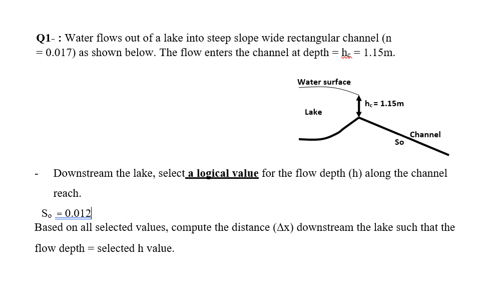 Q1- : Water flows out of a lake into steep slope wide rectangular channel (n
= 0.017) as shown below. The flow enters the channel at depth = h = 1.15m.
Water surface
hc= 1.15m
Lake
Channel
So
Downstream the lake, select a logical value for the flow depth (h) along the channel
reach.
So = 0.012
Based on all selected values, compute the distance (Ax) downstream the lake such that the
flow depth = selected h value.
