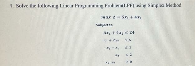 1. Solve the following Linear Programming Problem(LPP) using Simplex Method
max 2 =
5x1 + 4x2
Subject to
6x1 + 4x2 S 24
X1 + 2x2
-X + x2
X2
S2
20
