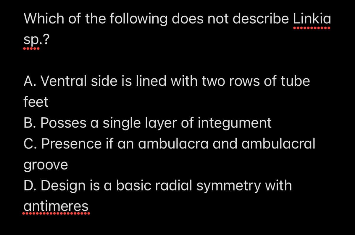 Which of the following does not describe Linkia
sp.?
A. Ventral side is lined with two rows of tube
feet
B. Posses a single layer of integument
C. Presence if an ambulacra and ambulacral
groove
D. Design is a basic radial symmetry with
antimeres