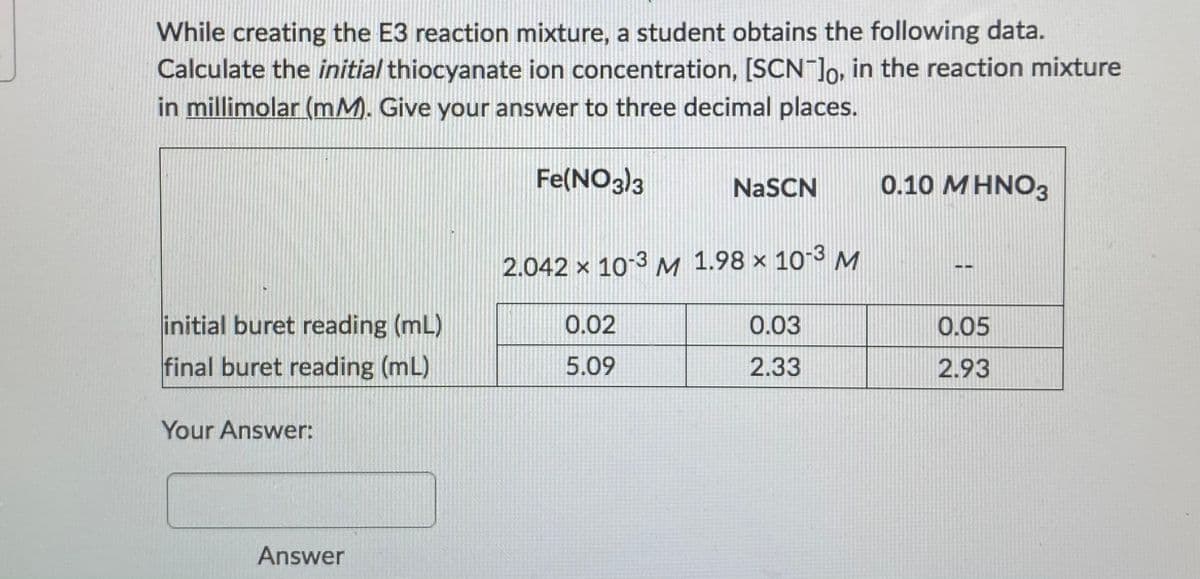 While creating the E3 reaction mixture, a student obtains the following data.
Calculate the initial thiocyanate ion concentration, [SCN]o, in the reaction mixture
in millimolar (mM. Give your answer to three decimal places.
Fe(NO3)3
NaSCN
0.10 MHNO3
2.042 x 10-3 M 1.98 × 10-3M
initial buret reading (mL)
0.02
0.03
0.05
final buret reading (mL)
5.09
2.33
2.93
Your Answer:
Answer
