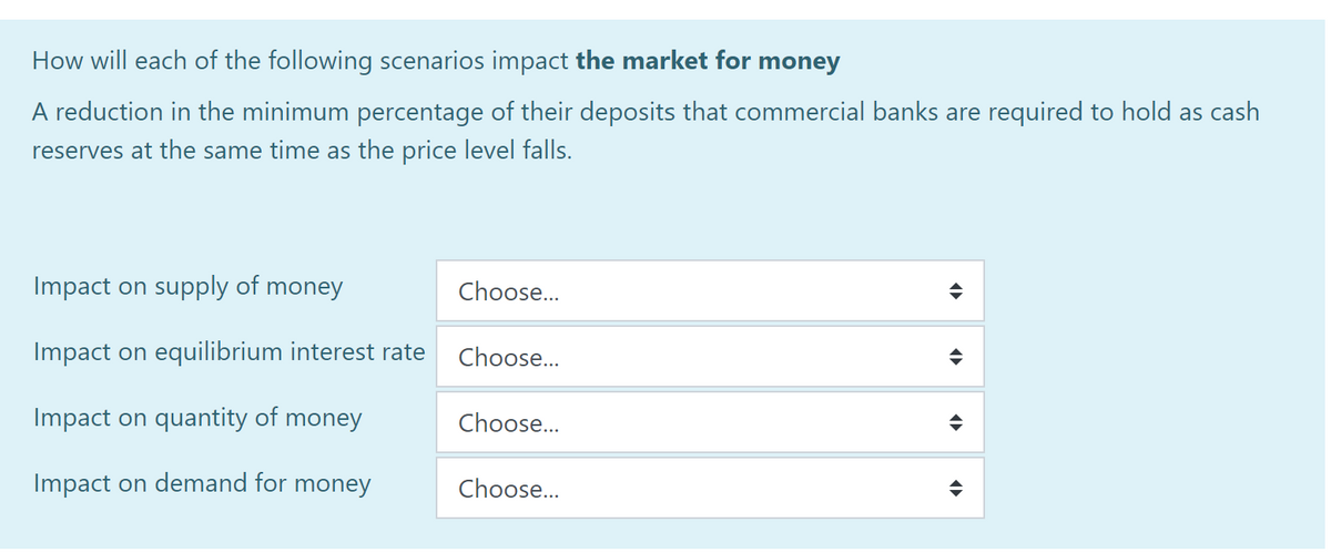 How will each of the following scenarios impact the market for money
A reduction in the minimum percentage of their deposits that commercial banks are required to hold as cash
reserves at the same time as the price level falls.
Impact on supply of money
Impact on equilibrium interest rate
Impact on quantity of money
Impact on demand for money
Choose...
Choose...
Choose...
Choose...