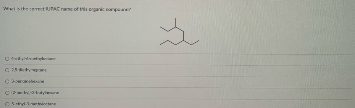 What is the correct IUPAC name of this organic compound?
O 4-ethyl-6-methyloctane
O 2,5-diethylheptane
O 3-pentanehexane
O (2-methyl)-3-butylhexane
O 5-ethyl-3-methyloctane
