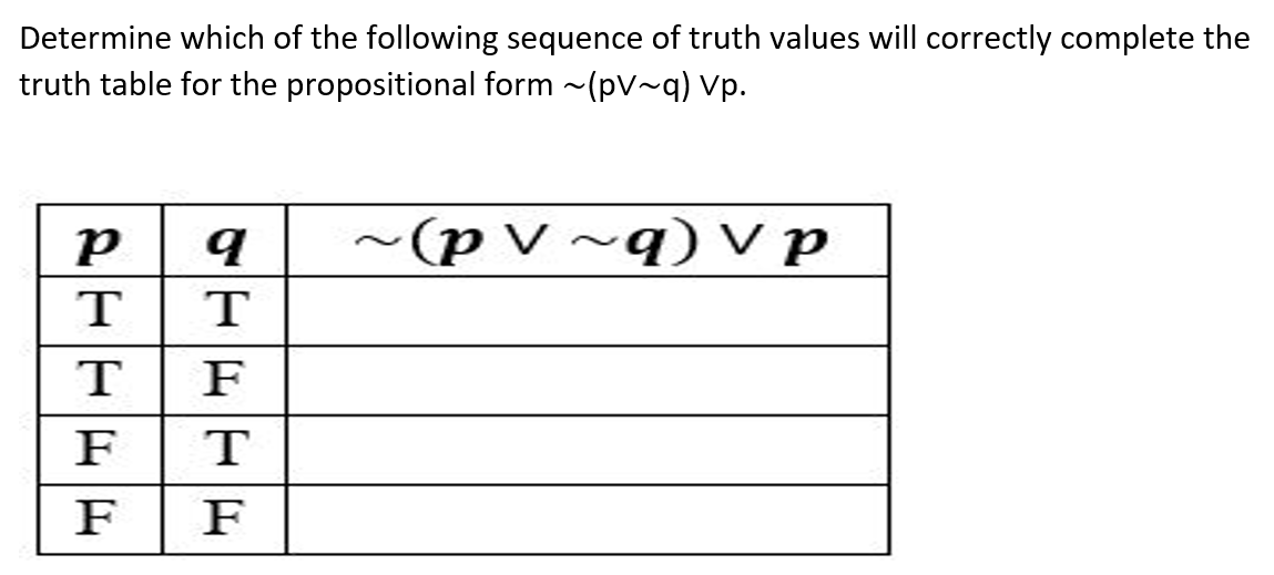 Determine which of the following sequence of truth values will correctly complete the
truth table for the propositional form -(pV~q) Vp.
(p v ~q) V p
~
T
T
T
F
F
F
F
