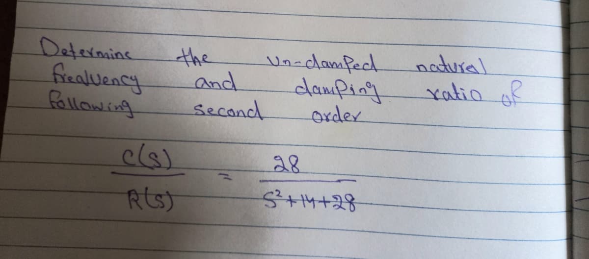 Determine
natural
ratio R
the
Un-dlamfed
following
frealWency
and
damping
order
Second
28
रि७)
