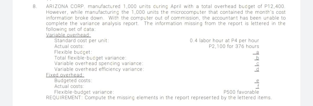ARIZONA CORP. manufactured 1,000 units during April with a total overhead budget of P12,400.
However, while manufacturing the 1,000 units the microcomputer that contained the month's cost
information broke down. With the computer out of commission, the accountant has been unable to
complete the variance analysis report. The information missing from the report is lettered in the
following set of data:
Variable overhead:
Standard cost per unit:
Actual costs:
Flexible budget:
Total flexible-budget variance:
Variable overhead spending variance:
Variable overhead efficiency variance:
Fixed overhead:
Budgeted costs:
Actual costs:
Flexible-budget variance:
REQUIREMENT: Compute the missing elements in the report represented by the lettered items.
8
0.4 labor hour at P4 per hour
P2,100 for 376 hours
P500 favorable
