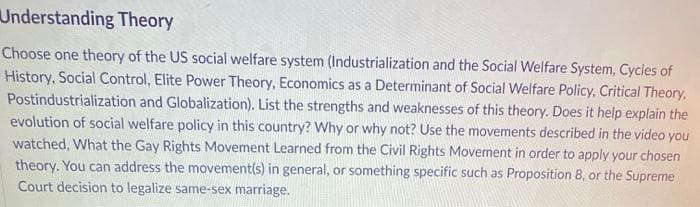 Understanding Theory
Choose one theory of the US social welfare system (Industrialization and the Social Welfare System, Cycles of
History, Social Control, Elite Power Theory, Economics as a Determinant of Social Welfare Policy, Critical Theory,
Postindustrialization and Globalization). List the strengths and weaknesses of this theory. Does it help explain the
evolution of social welfare policy in this country? Why or why not? Use the movements described in the video you
watched, What the Gay Rights Movement Learned from the Civil Rights Movement in order to apply your chosen
theory. You can address the movement(s) in general, or something specific such as Proposition 8, or the Supreme
Court decision to legalize same-sex marriage.
