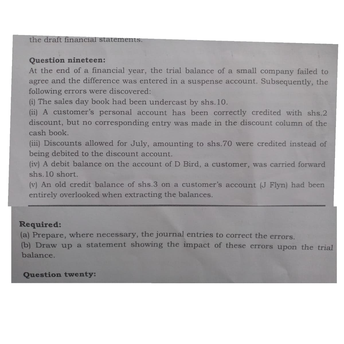 the draft financial statements.
Question nineteen:
At the end of a financial year, the trial balance of a small company failed to
agree and the difference was entered in a suspense account. Subsequently, the
following errors were discovered:
(i) The sales day book had been undercast by shs. 10.
(ii) A customer's personal account has been correctly credited with shs.2
discount, but no corresponding entry was made in the discount column of the
cash book.
(iii) Discounts allowed for July, amounting to shs.70 were credited instead of
being debited to the discount account.
(iv) A debit balance on the account of D Bird, a customer, was carried forward
shs. 10 short.
(v) An old credit balance of shs.3 on a customer's account (J Flyn) had been
entirely overlooked when extracting the balances.
Required:
(a) Prepare, where necessary, the journal entries to correct the errors.
(b) Draw up a statement showing the impact of these errors upon the trial
balance.
Question twenty:
