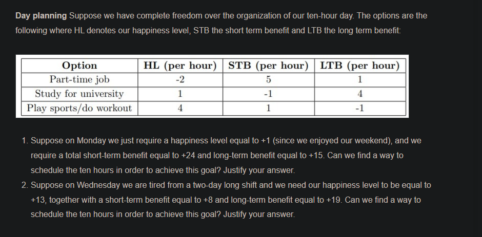 Day planning Suppose we have complete freedom over the organization of our ten-hour day. The options are the
following where HL denotes our happiness level, STB the short term benefit and LTB the long term benefit:
HL (per hour) STB (per hour) | LTB (per hour)
Option
Part-time job
-2
1
Study for university
1
-1
4
Play sports/do workout
4
1
-1
1. Suppose on Monday we just require a happiness level equal to +1 (since we enjoyed our weekend), and we
require a total short-term benefit equal to +24 and long-term benefit equal to +15. Can we find a way to
schedule the ten hours in order to achieve this goal? Justify your answer.
2. Suppose on Wednesday we are tired from a two-day long shift and we need our happiness level to be equal to
+13, together with a short-term benefit equal to +8 and long-term benefit equal to +19. Can we find a way to
schedule the ten hours in order to achieve this goal? Justify your answer.
