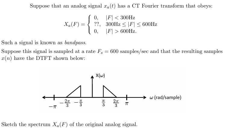 Suppose that an analog signal xa(t) has a CT Fourier transform that obeys:
0,
|F|< 300Hz
Xa(F) =
??,
300Hz |F|≤ 600Hz
0,
|F|> 600Hz.
Such a signal is known as bandpass.
Suppose this signal is sampled at a rate Fs = 600 samples/sec and that the resulting samples
x(n) have the DTFT shown below:
X(w)
+
-π
-
w (rad/sample)
2πT
3
П
2πT
П
3
Sketch the spectrum Xa (F) of the original analog signal.