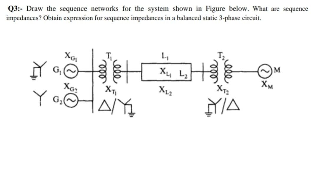 Q3: Draw the sequence networks for the system shown in Figure below. What are sequence
impedances? Obtain expression for sequence impedances in a balanced static 3-phase circuit.
М
XGI
G₁ (~)
L₁
XL₁ L₂
Ho
ન જ
X12
Хог
XTI
Y GOHAN
A
G₂
XT2