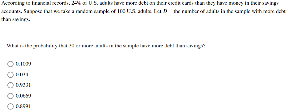 According to financial records, 24% of U.S. adults have more debt on their credit cards than they have money in their savings
accounts. Suppose that we take a random sample of 100 U.S. adults. Let D = the number of adults in the sample with more debt
than savings.
What is the probability that 30 or more adults in the sample have more debt than savings?
0.1009
0.034
0.9331
0.0669
0.8991