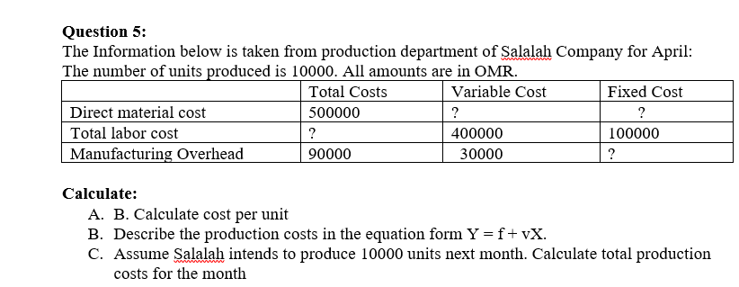 Question 5:
The Information below is taken from production department of Salalah Company for April:
The number of units produced is 10000. All amounts are in OMR.
Total Costs
Variable Cost
Fixed Cost
Direct material cost
500000
?
Total labor cost
Manufacturing Overhead
?
400000
100000
90000
30000
?
Calculate:
A. B. Calculate cost per unit
B. Describe the production costs in the equation form Y = f+ vX.
C. Assume Salalah intends to produce 10000 units next month. Calculate total production
costs for the month
