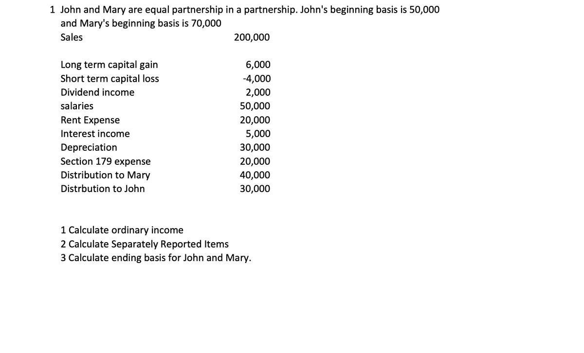 1 John and Mary are equal partnership in a partnership. John's beginning basis is 50,000
and Mary's beginning basis is 70,000
Sales
200,000
Long term capital gain
Short term capital loss
6,000
-4,000
Dividend income
2,000
salaries
50,000
Rent Expense
20,000
Interest income
5,000
Depreciation
Section 179 expense
30,000
20,000
Distribution to Mary
40,000
Distrbution to John
30,000
1 Calculate ordinary income
2 Calculate Separately Reported Items
3 Calculate ending basis for John and Mary.
