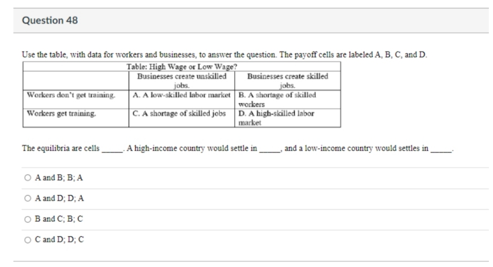 Question 48
Use the table, with data for workers and businesses, to answer the question. The payoff cells are labeled A, B, C, and D.
Table: High Wage or Low Wage?
Businesses create unskilled
jobs.
Businesses create skilled
jobs.
A. A low-skilled labor market B. A shortage of skilled
Workers don't get training.
workers
D. A high-skilled labor
market
Workers get training.
C. A shortage of skilled jobs
The equilibria are cells
A high-income country would settle in
and a low-income country would settles in _-
O A and B; B; A
O A and D; D; A
O B and C; B; C
O C and D; D; C
