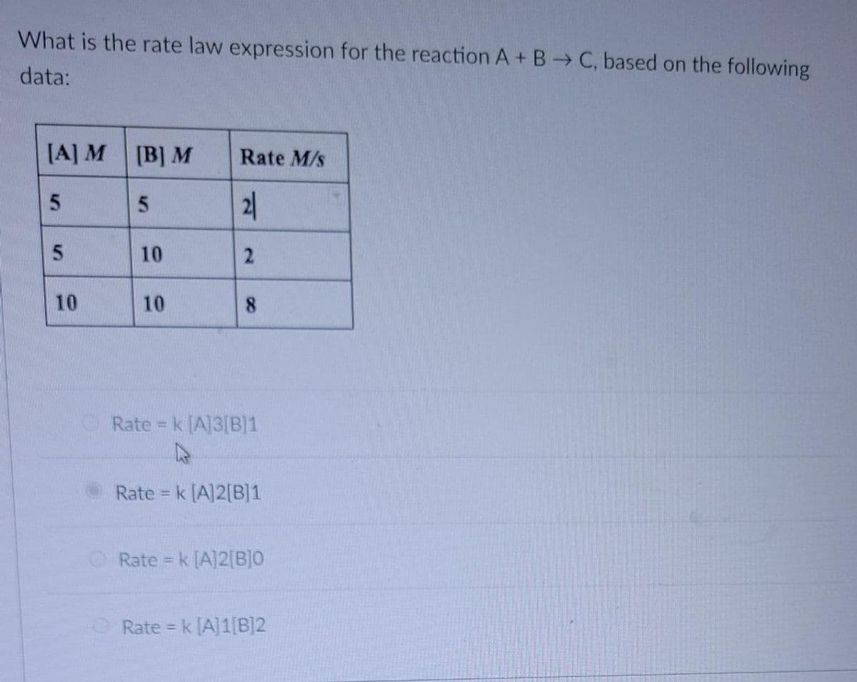 What is the rate law expression for the reaction A + B C, based on the following
data:
[A] M [B] M
Rate M/s
21
10
10
10
8.
O Rate = k [A]3[B]1
Rate = k [A]2[B]1
%3D
Rate k [A]2[B]o
!!
ORate = k [A]1[B]2
