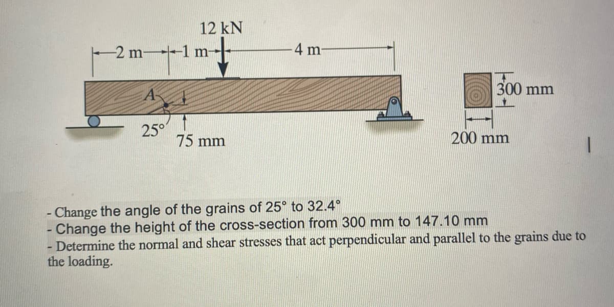 -
12 kN
-2 m 1 m
25°
75 mm
-4 m
300 mm
M
200 mm
1
- Change the angle of the grains of 25° to 32.4°
- Change the height of the cross-section from 300 mm to 147.10 mm
Determine the normal and shear stresses that act perpendicular and parallel to the grains due to
the loading.