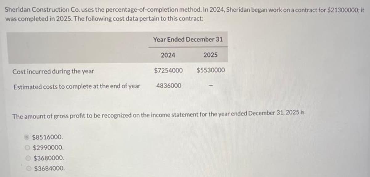 Sheridan Construction Co. uses the percentage-of-completion method. In 2024, Sheridan began work on a contract for $21300000; it
was completed in 2025. The following cost data pertain to this contract:
Cost incurred during the year
Estimated costs to complete at the end of year
Year Ended December 31
$8516000.
$2990000.
$3680000.
$3684000.
2024
$7254000
4836000
2025
$5530000
The amount of gross profit to be recognized on the income statement for the year ended December 31, 2025 is