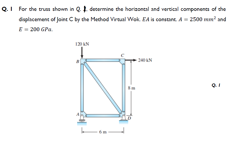 Q.I For the truss shown in Q. $. determine the horizontal and vertical components of the
displacement of Joint C by the Method Virtual Wok. EA is constant. A = 2500 mm? and
E = 200 GPa.
120 kN
- 240 kN
B
Q. I
8 m
- 6 m

