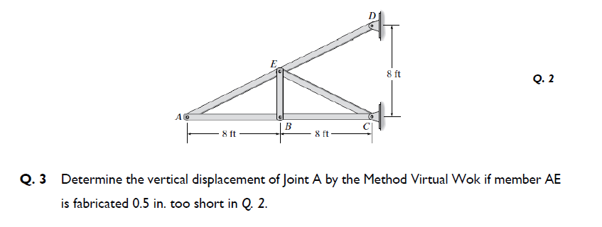 8 ft
Q. 2
B
8 ft
8 ft
Q. 3 Determine the vertical displacement of Joint A by the Method Virtual Wok if member AE
is fabricated 0.5 in. too short in Q. 2.
