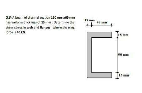 Q.5: A beam of channel section 120 mm x60 mm
has uniform thickness of 15 mm. Determine the
shear stress in web and flanges where shearing
force is 40 kN.
15 mm
45 mm
C
15 mm
90 mm
15 mm