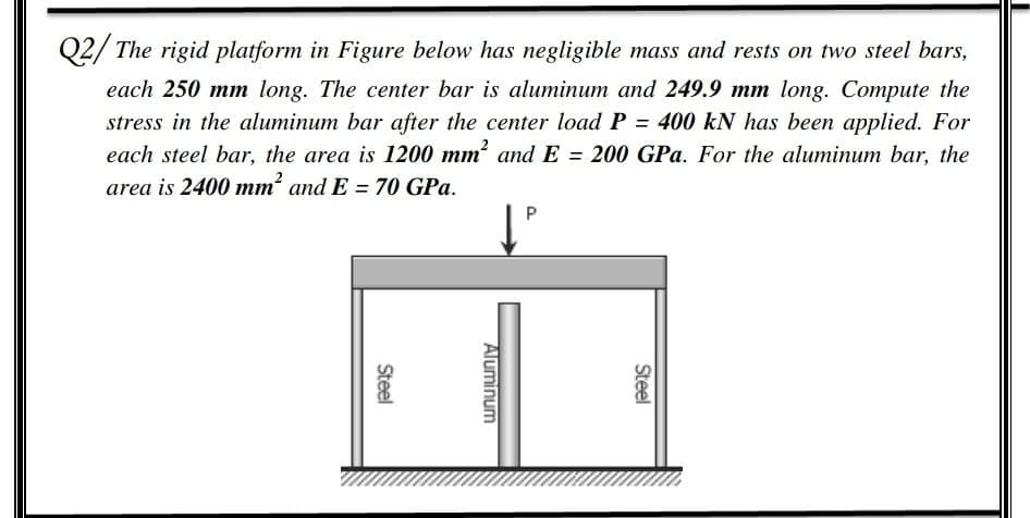 Q2/ The rigid platform in Figure below has negligible mass and rests on two steel bars,
each 250 mm long. The center bar is aluminum and 249.9 mm long. Compute the
stress in the aluminum bar after the center load P = 400 kN has been applied. For
each steel bar, the area is 1200 mm? and E = 200 GPa. For the aluminum bar, the
area is 2400 mm' and E = 70 GPa.
%3D
P
Steel
Aluminum
Steel
