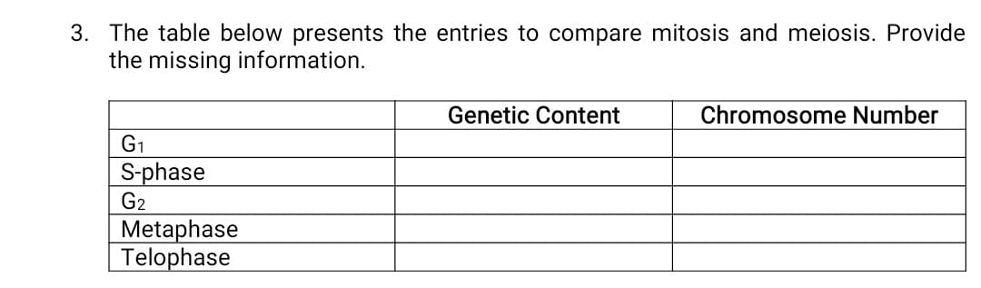 3. The table below presents the entries to compare mitosis and meiosis. Provide
the missing information.
Genetic Content
Chromosome Number
G1
S-phase
G2
Metaphase
Telophase
