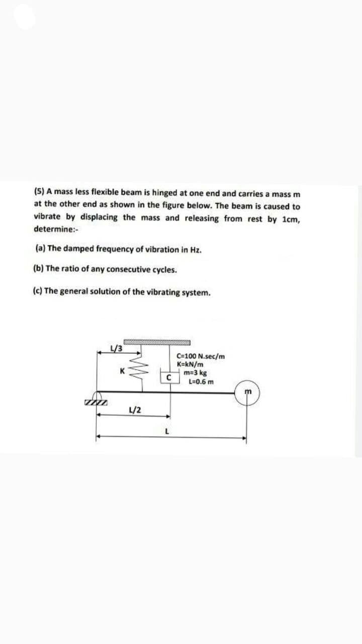 (5) A mass less flexible beam is hinged at one end and carries a mass m
at the other end as shown in the figure below. The beam is caused to
vibrate by displacing the mass and releasing from rest by 1cm,
determine:-
(a) The damped frequency of vibration in Hz.
(b) The ratio of any consecutive cycles.
(c) The general solution of the vibrating system.
THL
L/3
K
L/2
C
L
C=100 N.sec/m
K=kN/m
m=3 kg
L=0.6 m
m