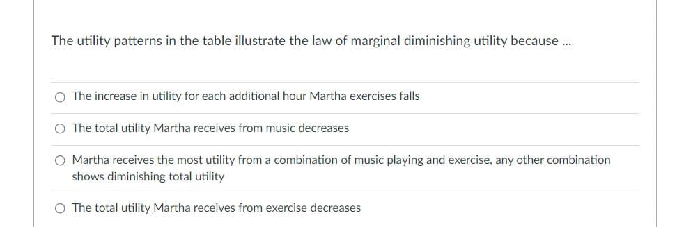 The utility patterns in the table illustrate the law of marginal diminishing utility because.
O The increase in utility for each additional hour Martha exercises falls
O The total utility Martha receives from music decreases
O Martha receives the most utility from a combination of music playing and exercise, any other combination
shows diminishing total utility
O The total utility Martha receives from exercise decreases
