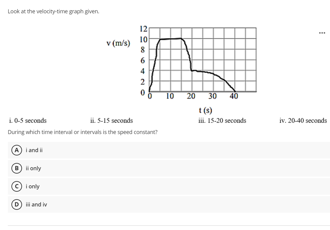 Look at the velocity-time graph given.
12
...
10
v (m/s)
8
2
10
20
30
40
t (s)
iii. 15-20 seconds
i. 0-5 seconds
ii. 5-15 seconds
iv. 20-40 seconds
During which time interval or intervals is the speed constant?
A) i and ii
ii only
i only
iii and iv
