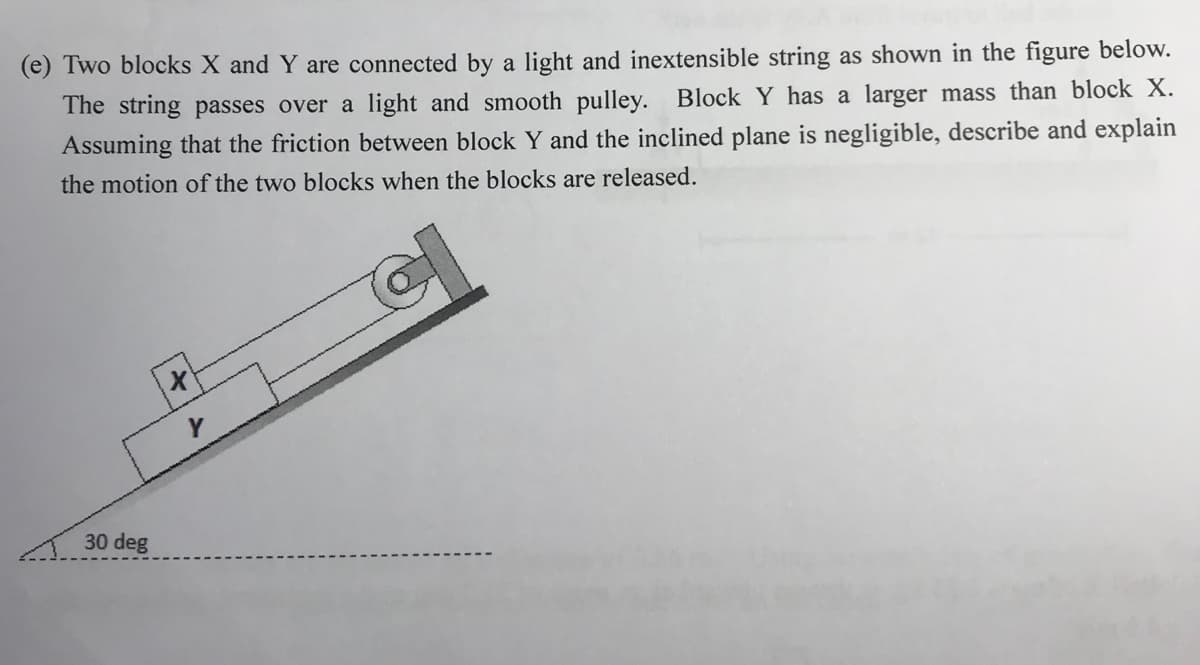 (e) Two blocks X and Y are connected by a light and inextensible string as shown in the figure below.
The string passes over a light and smooth pulley. Block Y has a larger mass than block X.
Assuming that the friction between block Y and the inclined plane is negligible, describe and explain
the motion of the two blocks when the blocks are released.
30 deg
