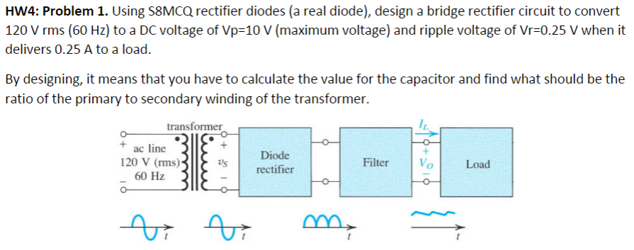 HW4: Problem 1. Using S8MCQ rectifier diodes (a real diode), design a bridge rectifier circuit to convert
120 V rms (60 Hz) to a DC voltage of Vp-10 V (maximum voltage) and ripple voltage of Vr=0.25 V when it
delivers 0.25 A to a load.
By designing, it means that you have to calculate the value for the capacitor and find what should be the
ratio of the primary to secondary winding of the transformer.
transformer
ac line
120 V (rms).
60 Hz
US
Vi
vi vi
Diode
rectifier
my
Filter
Vo
Load