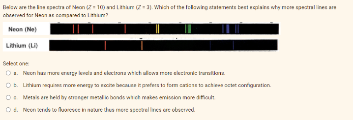 Below are the line spectra of Neon (Z = 10) and Lithium (Z = 3). Which of the following statements best explains why more spectral lines are
observed for Neon as compared to Lithium?
Neon (Ne)
Lithium (Li)
Select one:
O a. Neon has more energy levels and electrons which allows more electronic transitions.
O b. Lithium requires more energy to excite because it prefers to form cations to achieve octet configuration.
O c.
Metals are held by stronger metallic bonds which makes emission more difficult.
O d. Neon tends to fluoresce in nature thus more spectral lines are observed.