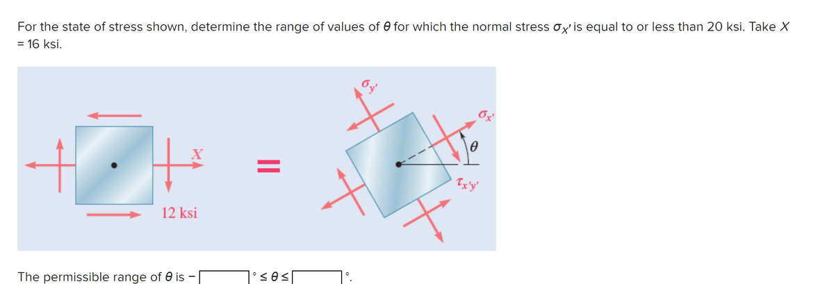For the state of stress shown, determine the range of values of 0 for which the normal stress ox' is equal to or less than 20 ksi. Take X
= 16 ksi.
12 ksi
The permissible range of is
•≤e≤
Ox
Tx'y'