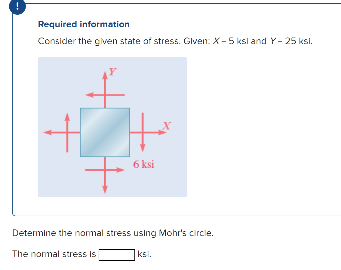 Required information
Consider the given state of stress. Given: X= 5 ksi and Y= 25 ksi.
6 ksi
X
Determine the normal stress using Mohr's circle.
The normal stress is
ksi.