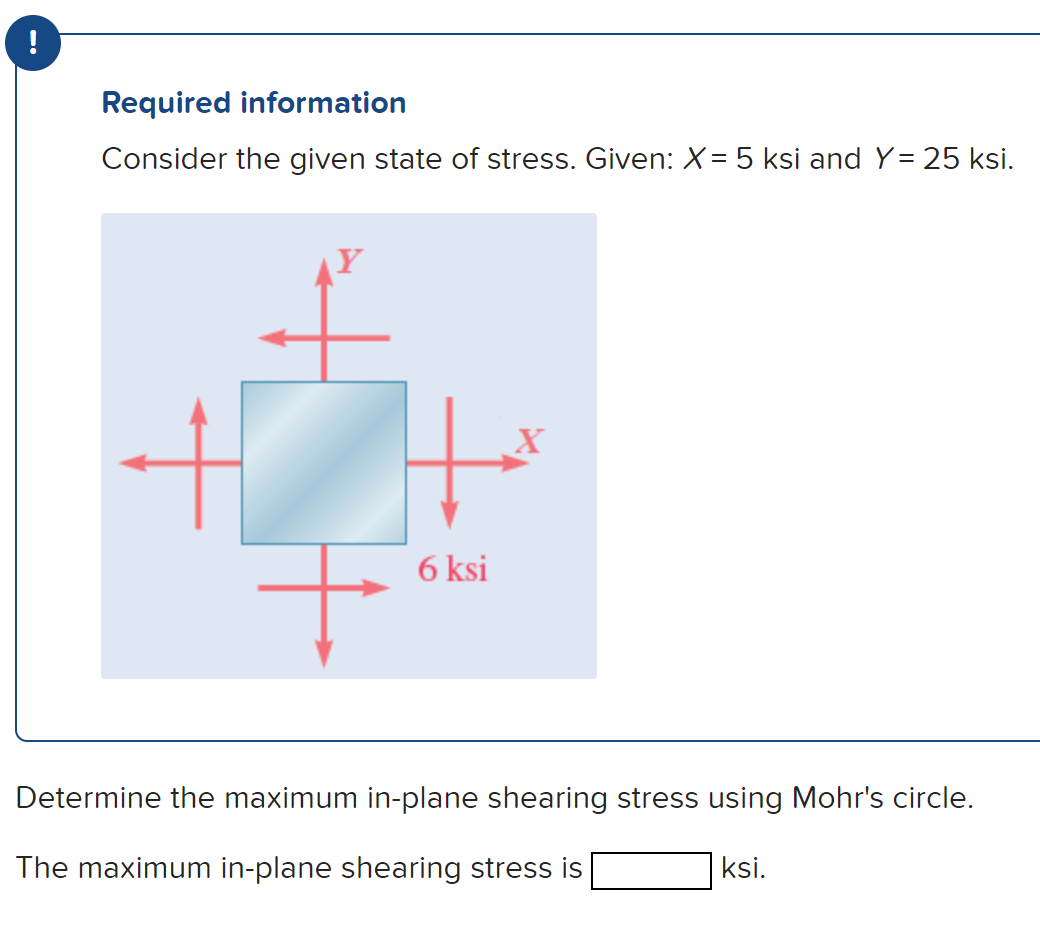 Required information
Consider the given state of stress. Given: X= 5 ksi and Y= 25 ksi.
6 ksi
X
Determine the maximum in-plane shearing stress using Mohr's circle.
The maximum in-plane shearing stress is
ksi.
