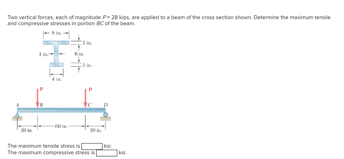 Two vertical forces, each of magnitude P= 28 kips, are applied to a beam of the cross section shown. Determine the maximum tensile
and compressive stresses in portion BC of the beam.
8 in.→
1 in.
1 in.-
6 in.
1 in.
B
4 in.
P
C
D
60 in.
20 in.
20 in.
The maximum tensile stress is
ksi.
The maximum compressive stress is
ksi.