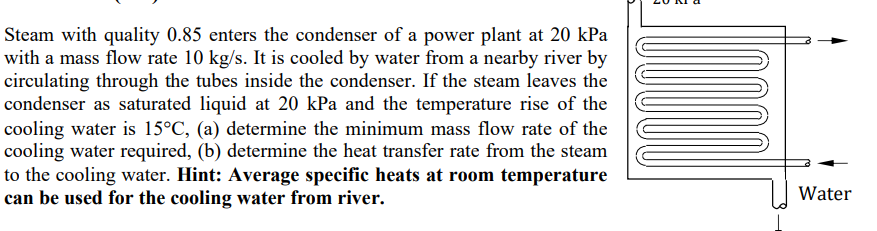 Steam with quality 0.85 enters the condenser of a power plant at 20 kPa
with a mass flow rate 10 kg/s. It is cooled by water from a nearby river by
circulating through the tubes inside the condenser. If the steam leaves the
condenser as saturated liquid at 20 kPa and the temperature rise of the
cooling water is 15°C, (a) determine the minimum mass flow rate of the
cooling water required, (b) determine the heat transfer rate from the steam
to the cooling water. Hint: Average specific heats at room temperature
can be used for the cooling water from river.
E
Water