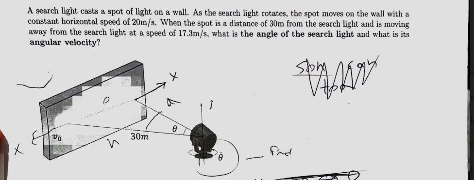 Х
A search light casts a spot of light on a wall. As the search light rotates, the spot moves on the wall with a
constant horizontal speed of 20m/s. When the spot is a distance of 30m from the search light and is moving
away from the search light at a speed of 17.3m/s, what is the angle of the search light and what is its
angular velocity?
0
Х
vo
30m
Ꮎ
-
Find