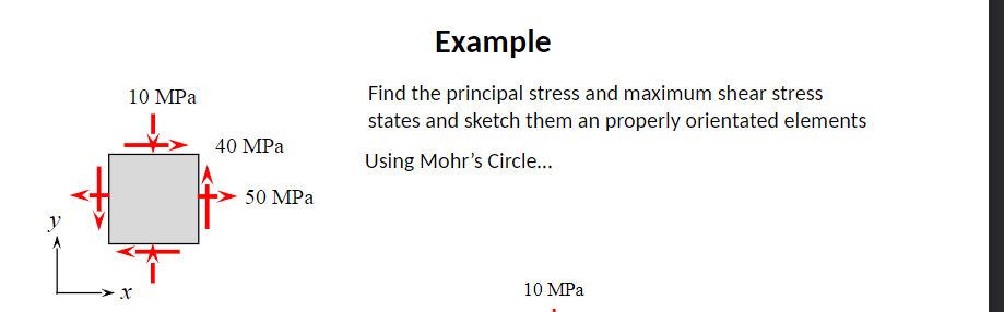 x
10 MPa
40 MPa
50 MPa
Example
Find the principal stress and maximum shear stress
states and sketch them an properly orientated elements
Using Mohr's Circle...
10 MPa