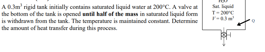 A 0.3m³ rigid tank initially contains saturated liquid water at 200°C. A valve at
the bottom of the tank is opened until half of the mass in saturated liquid form
is withdrawn from the tank. The temperature is maintained constant. Determine
the amount of heat transfer during this process.
Sat. liquid
T = 200°C
V = 0.3 m³
