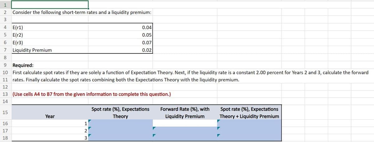 1234567
Consider the following short-term rates and a liquidity premium:
4 E(r1)
E(r2)
6 E(r3)
0.04
0.05
0.07
0.02
7 Liquidity Premium
8
Required:
9
10 First calculate spot rates if they are solely a function of Expectation Theory. Next, if the liquidity rate is a constant 2.00 percent for Years 2 and 3, calculate the forward
11 rates. Finally calculate the spot rates combining both the Expectations Theory with the liquidity premium.
12
13 (Use cells A4 to B7 from the given information to complete this question.)
14
Spot rate (%), Expectations
Forward Rate (%), with
Spot rate (%), Expectations
15
Year
Theory
Liquidity Premium
Theory + Liquidity Premium
16
1
17
2
18
3