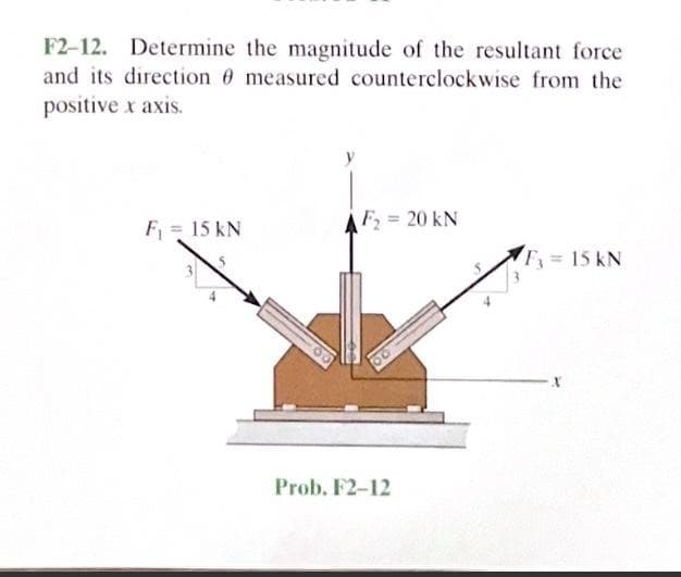 F2-12. Determine the magnitude of the resultant force
and its direction 0 measured counterclockwise from the
positive
x axis.
F₁ = 15 kN
F₂ = 20 kN
Prob. F2-12
F₁ = 15 kN