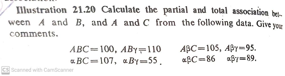 Illustration 21.20 Calculate the partial and total association bet.
ween A and B, and A and C from the following data. Give Vour
comments.
AВС3D105, АВ-95.
aßC=86 afy=89.
АВС%3D100, АBY3110
a BC=107, a By=55.
%3D
CS Scanned with CamScanner
