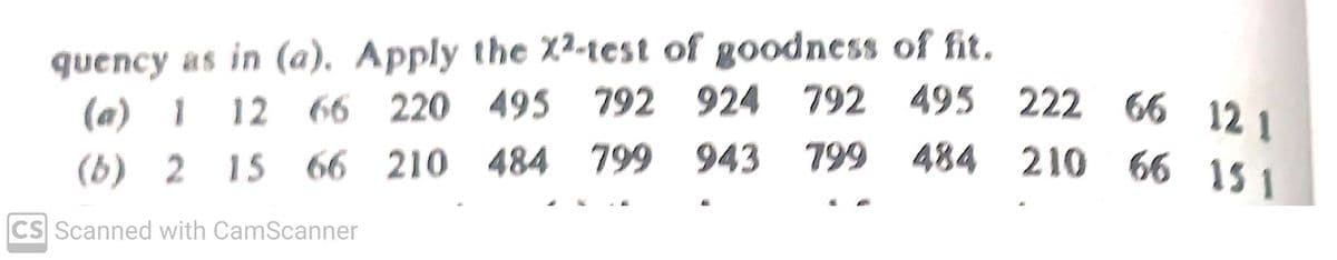 220 495 792 924 792 495 222 66 121
quency as in (a). Apply the X2-test of goodness of fit.
(a) 1 12 66 220 495
924
792 495 222 66 12 1
792
(b) 2 15 66
210 484 799 943 799 484
210 66 15 1
CS Scanned with CamScanner
