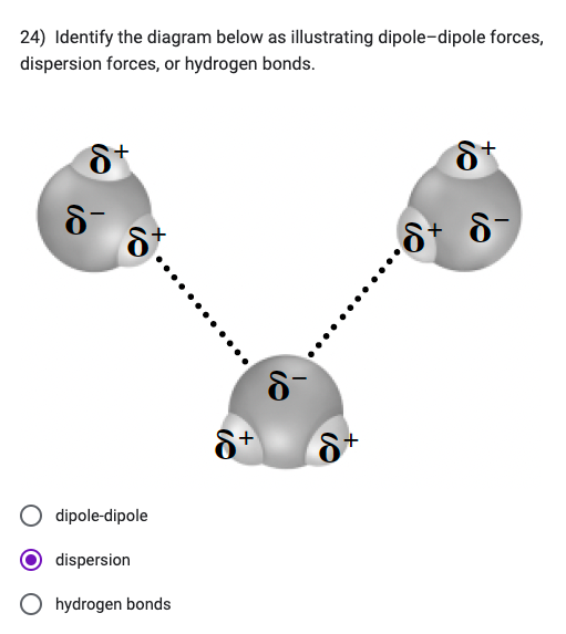 24) Identify the diagram below as illustrating dipole-dipole forces,
dispersion forces, or hydrogen bonds.
8+
8-
St.
O dipole-dipole
dispersion
Ohydrogen bonds
8+
8-
6+
8+
.8+ 8-