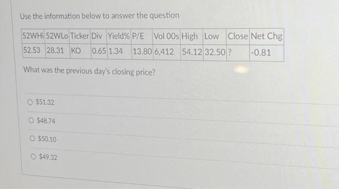 Use the information below to answer the question
52WH 52WLo Ticker Div Yield % P/E Vol 00s High Low Close Net Chg
52.53 28.31 KO 0.65 1.34 13.80 6,412 54.12 32.50? -0.81
What was the previous day's closing price?
O $51.32
O $48.74
O $50.10
O $49.32