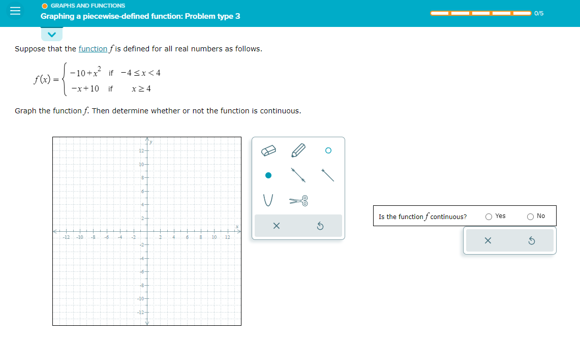 OGRAPHS AND FUNCTIONS
Graphing a piecewise-defined function: Problem type 3
Suppose that the function fis defined for all real numbers as follows.
f(x)=
-10+x² if -4<x<4
-x+10 if x>4
Graph the function f. Then determine whether or not the function is continuous.
-12 -10. -8.
-6.
-A
-2
12.
10-
8-
6-
4-
2-
42-
4-
:6-
-10+
-12-
2
4
.8. 10 .12.
P
X
0
S
Is the function f continuous?
OYes
X
0/5
O No
5