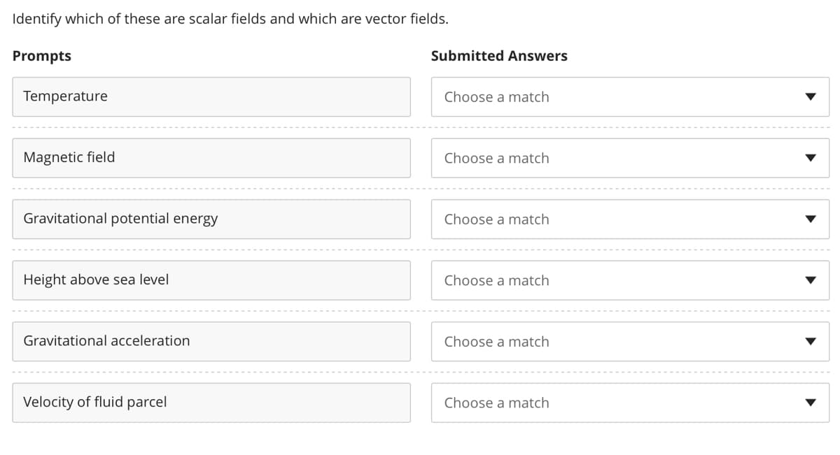 Identify which of these are scalar fields and which are vector fields.
Prompts
Temperature
Magnetic field
Gravitational potential energy
Height above sea level
Gravitational acceleration
Velocity of fluid parcel
Submitted Answers
Choose a match
Choose a match
Choose a match
Choose a match
Choose a match
Choose a match