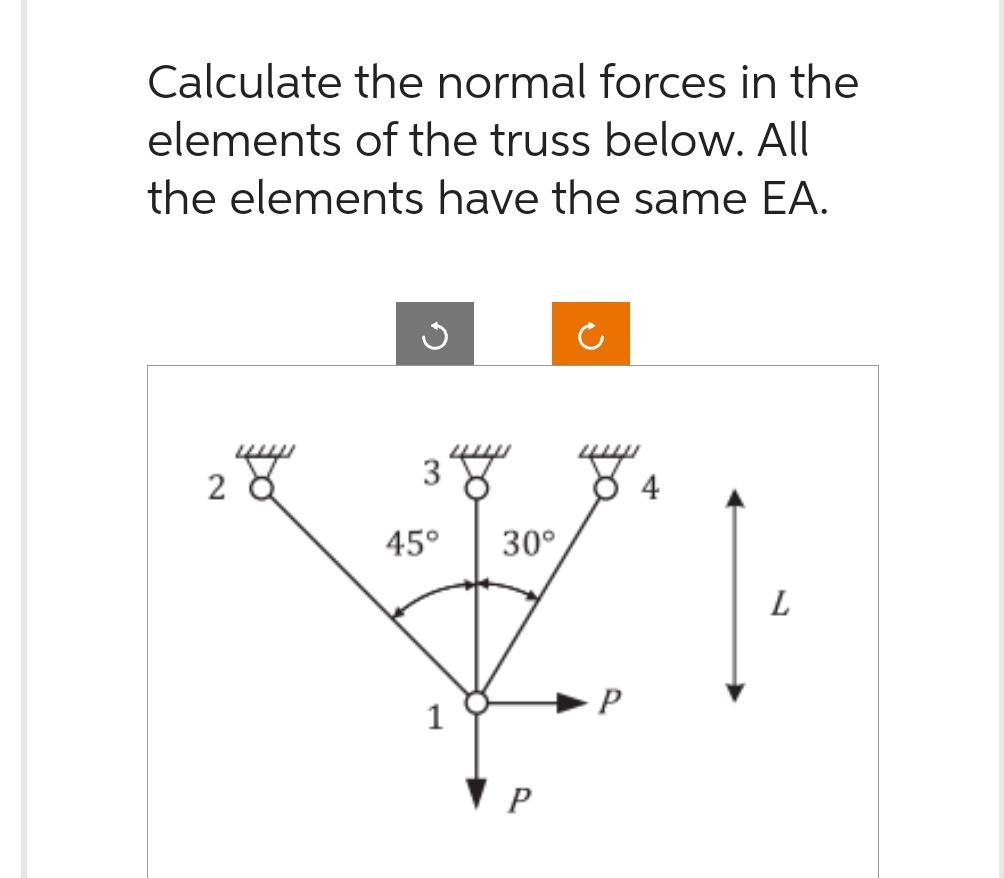 Calculate the normal forces in the
elements of the truss below. All
the elements have the same EA.
2 a
344
45°
1
30°
P
P
L